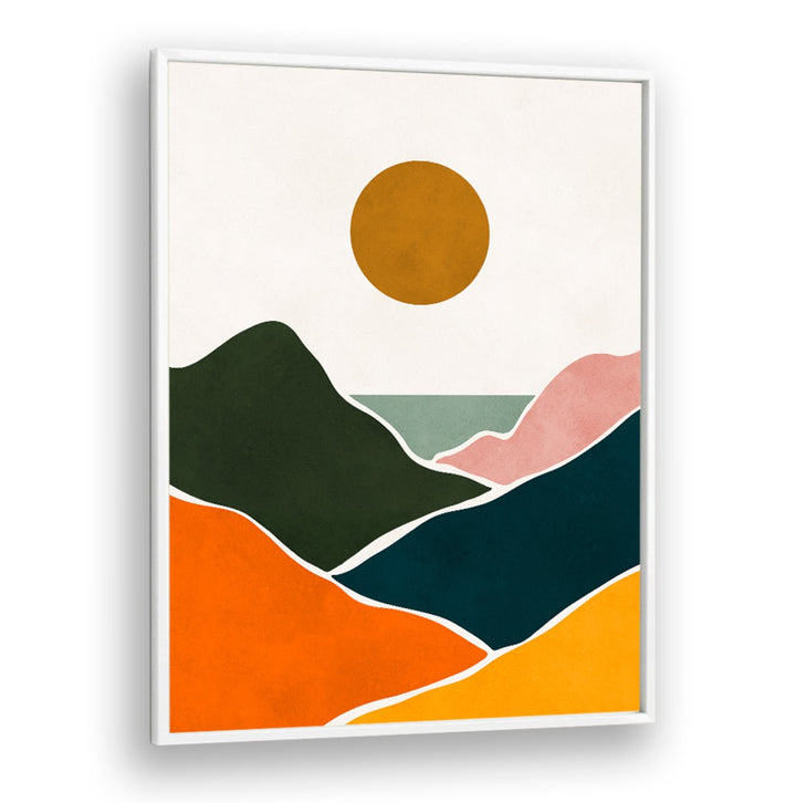 Colorful abstract hills and sun depict tranquility in WATERCOLOR VIII, LANDSCAPE PAINTINGS for elegant decor.