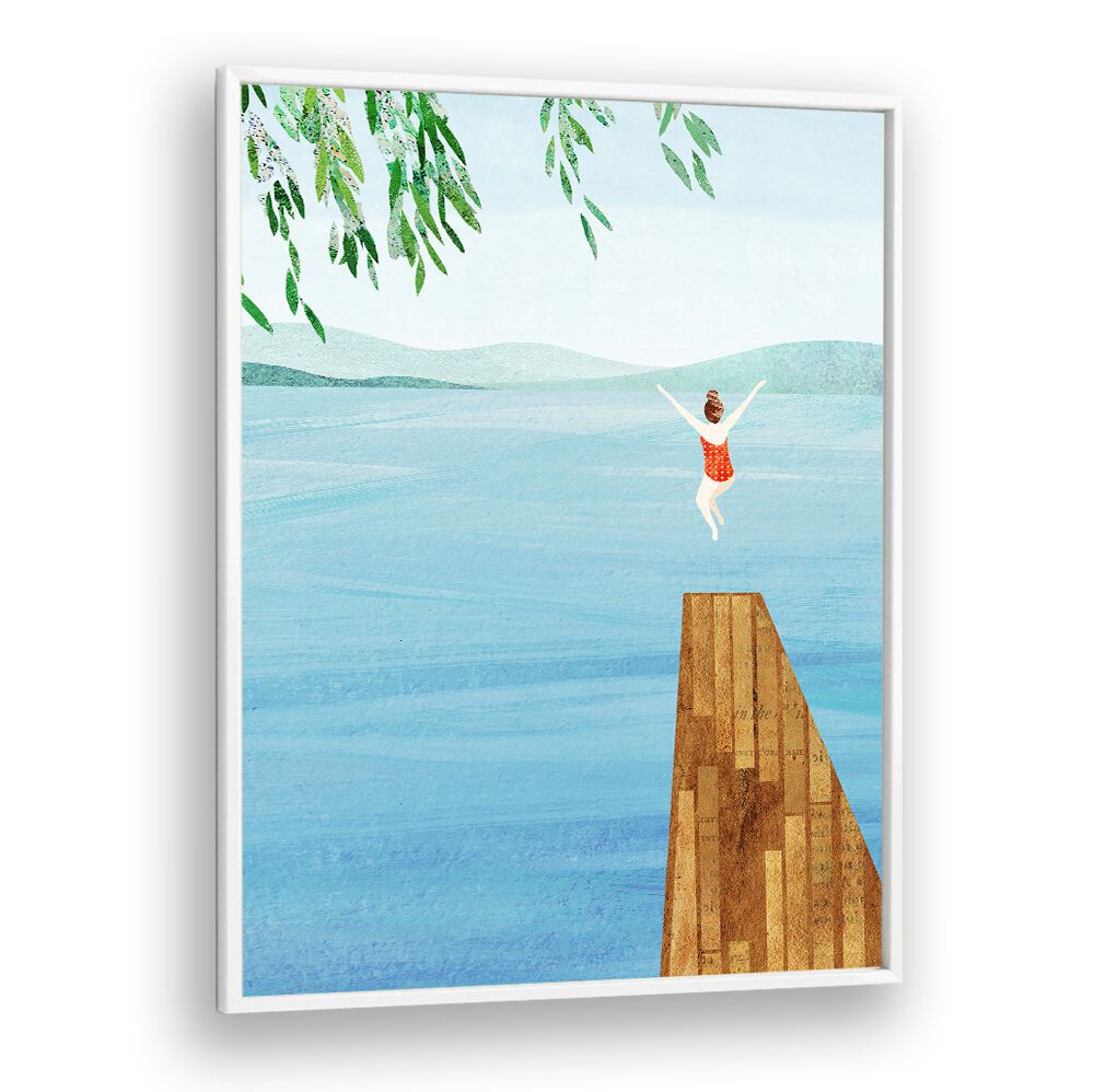 WILD, VIBRANT art print featuring a joyful figure diving into serene waters, perfect for elevating your decor.