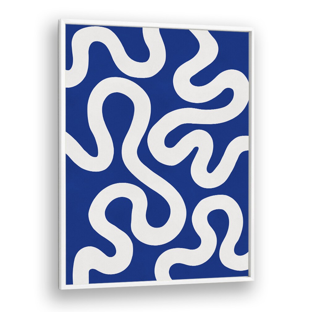 Stunning UNDULATING CURVES III, ABSTRACT PAINTINGS feature fluid white lines on a deep blue background, perfect for modern spaces.