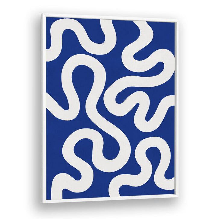 Stunning UNDULATING CURVES III, ABSTRACT PAINTINGS feature fluid white lines on a deep blue background, perfect for modern spaces.