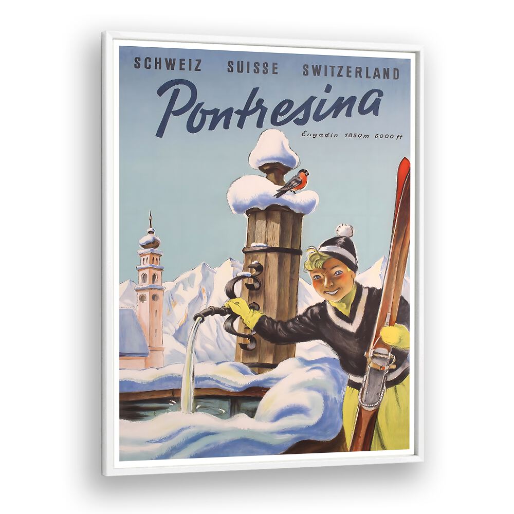 Charming PONTRESINA, VINTAGE TRAVEL POSTERS showcasing a skier, perfect for enhancing any space with alpine allure.