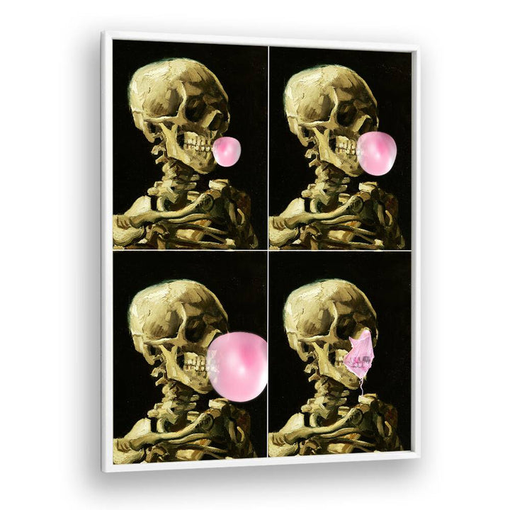 Skull Gum Explosion, altered art prints showcase a whimsical skeleton blowing bubblegum, perfect for creative decor.
