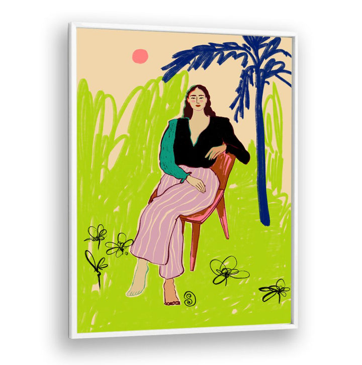 Vibrant art print featuring a relaxed woman, perfect for adding color and serenity to any living space.
