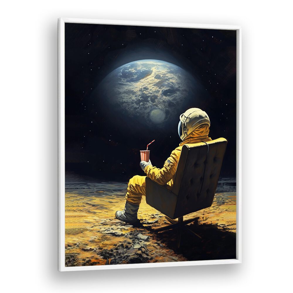 Surreal MOON BREAK, ALTERED ART PRINTS featuring an astronaut enjoying a drink against a celestial backdrop.