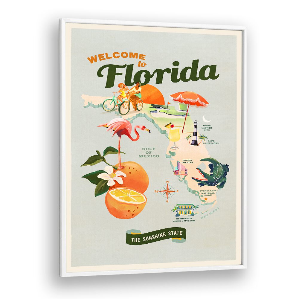 Colorful FLORIDA, TRAVEL POSTERS featuring vibrant landscapes and iconic symbols of the Sunshine State. Perfect decor!