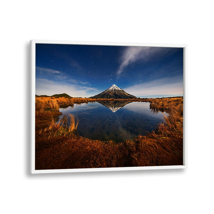 Stunning Mount Taranaki reflection in serene water, perfect for MOUNT TARANAKI, PHOTOGRAPHY PRINTS lovers.