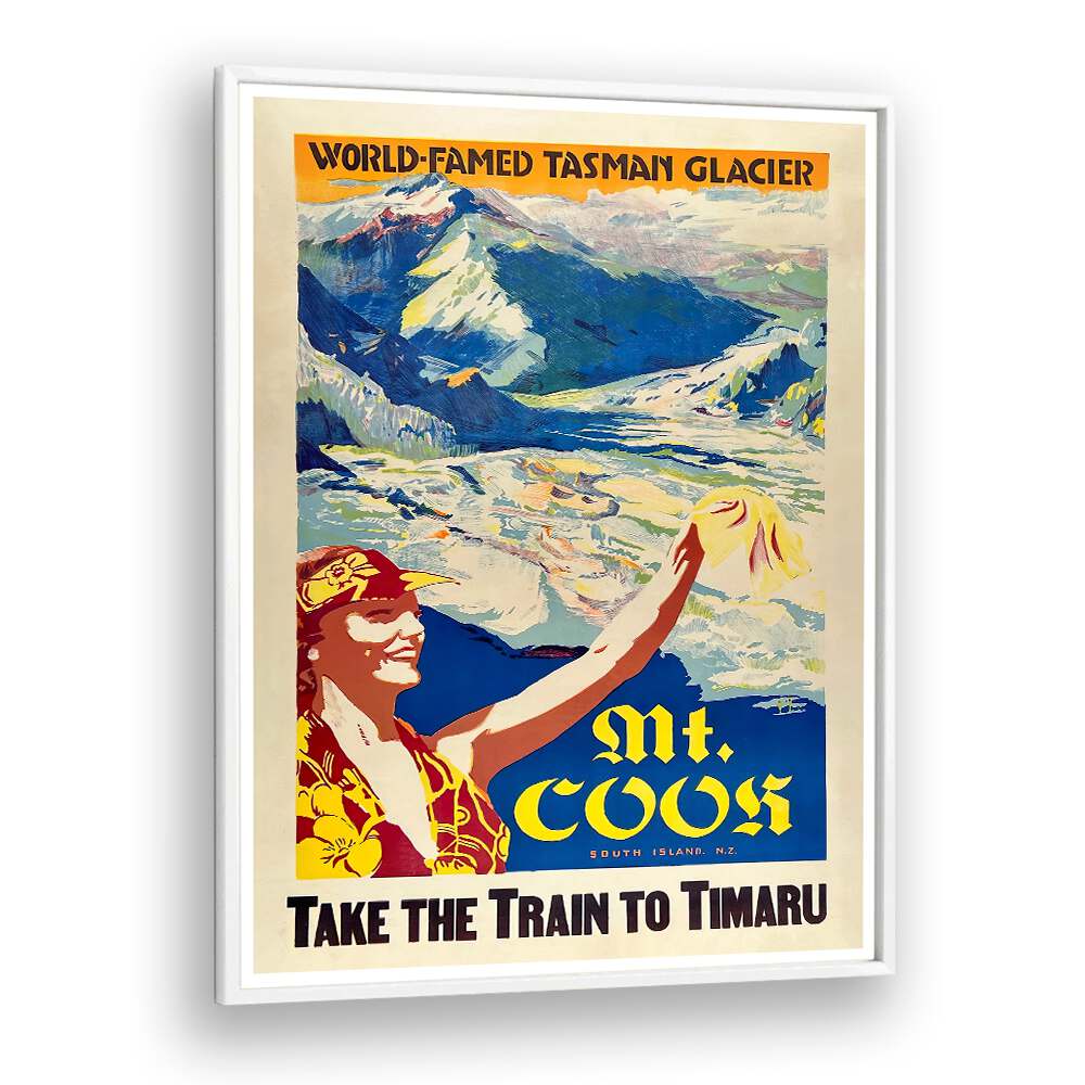 MT COOS, VINTAGE TRAVEL POSTERS featuring a colorful depiction of the Tasman Glacier and charming travel nostalgia.