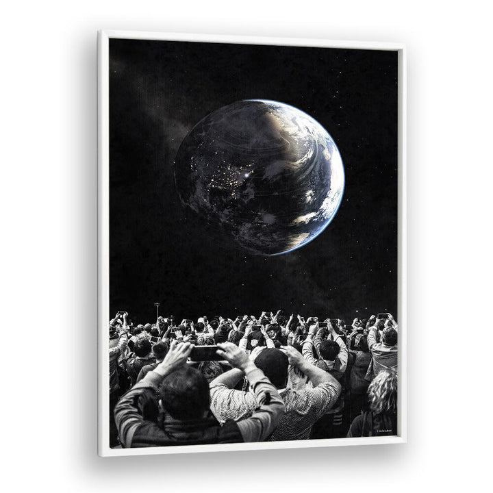 Captivating OBSERVERS, SURREAL ART PRINTS depict a crowd mesmerized by an ethereal view of Earth. Perfect for dreamers.
