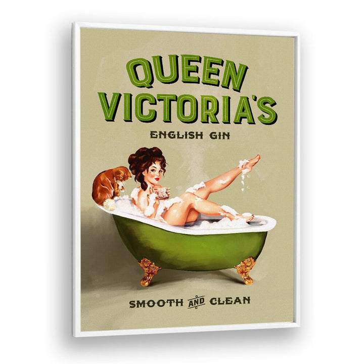 Charming QUEEN VICTORIA, PORTRAITS artwork showcasing a pinup girl in a vintage bath setting, perfect for decor.
