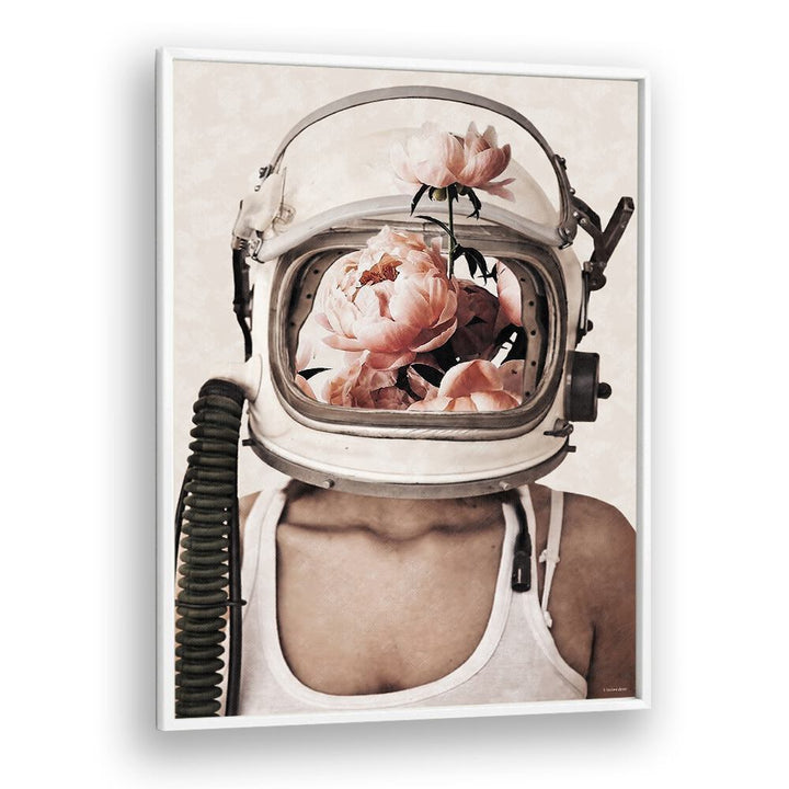 Surreal art print "SPACE BLOOM" by Underdott features an astronaut helmet filled with vibrant flowers.