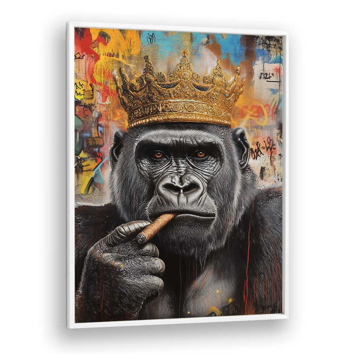 Vibrant art print of THE GORILLA KING, ALTERED ART PRINTS, featuring a crowned gorilla with a cigar. Perfect for decor!