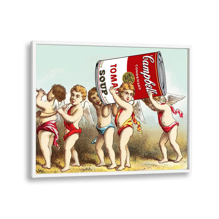 Whimsical WE HAVE A SNACK, ALTERED ART PRINTS by Dikhotomy featuring cherubs carrying soup cans. Perfect for food lovers!