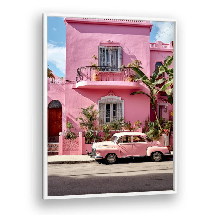 Vibrant MEXICAN LIFE VII, CAR POSTERS showcase a classic pink car by a colorful house, perfect for art lovers.