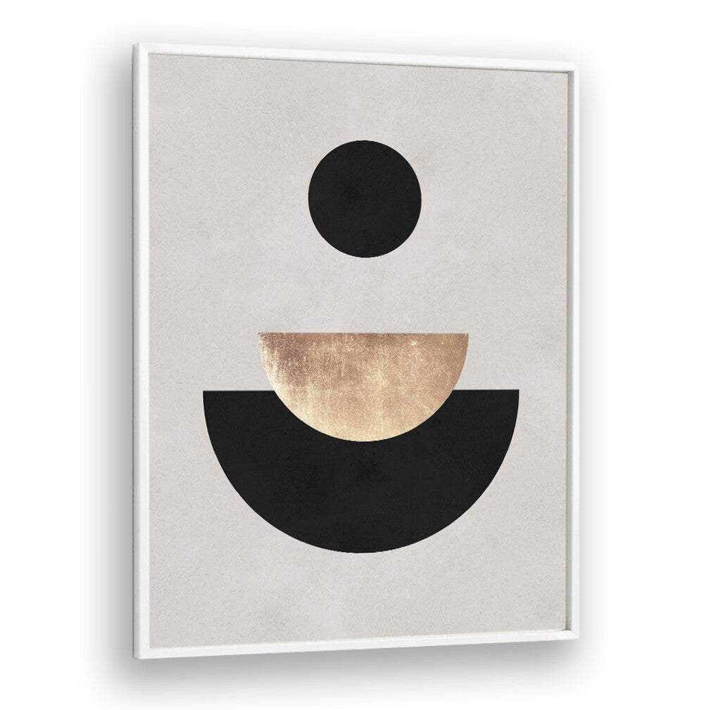 Stylish LINES AND CIRCLES XXII, GEOMETRIC ART PRINTS featuring elegant shapes in black and gold on a textured background.