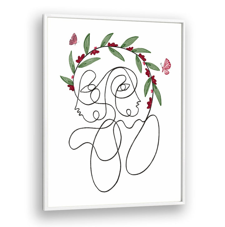 Elegant BLOSSOMING CONNECTION, LINE ART PAINTINGS featuring intertwined faces and floral accents for modern home décor.