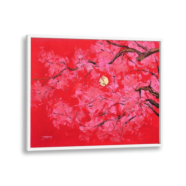 Vibrant REDMOON, FLORAL FLOWER PAINTINGS showcase pink blossoms against a striking red background, perfect for decor.