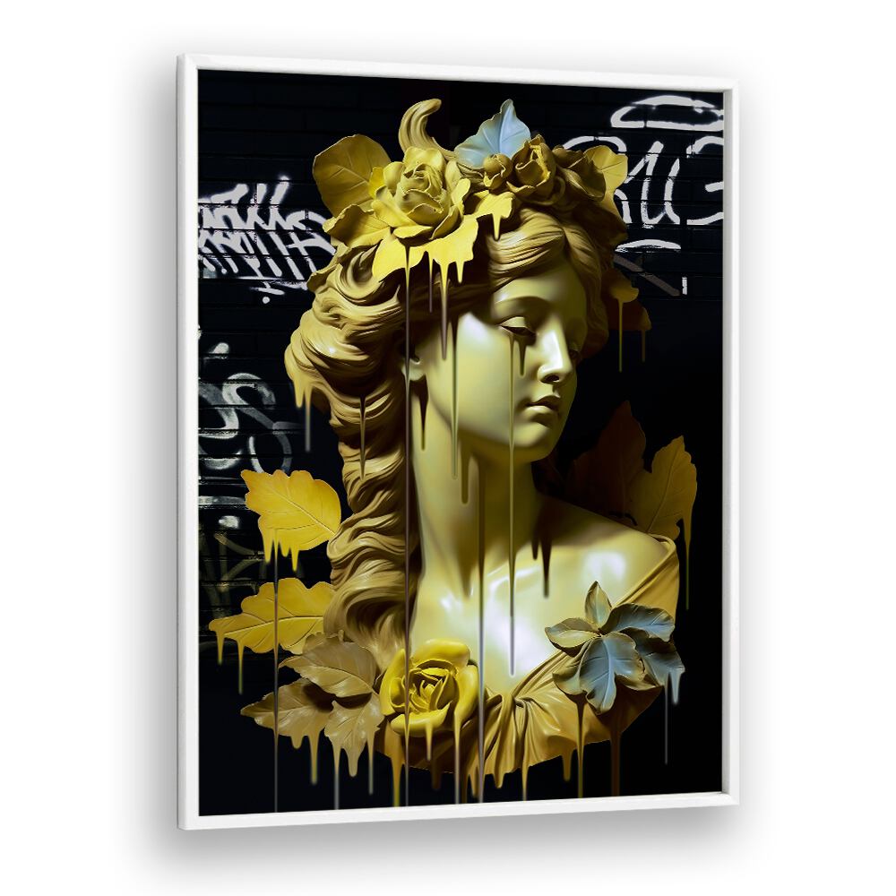 VANDAL HELENA, ALTERED ART PRINTS by DIKHOTOMY features a striking golden sculpture with vibrant floral elements.