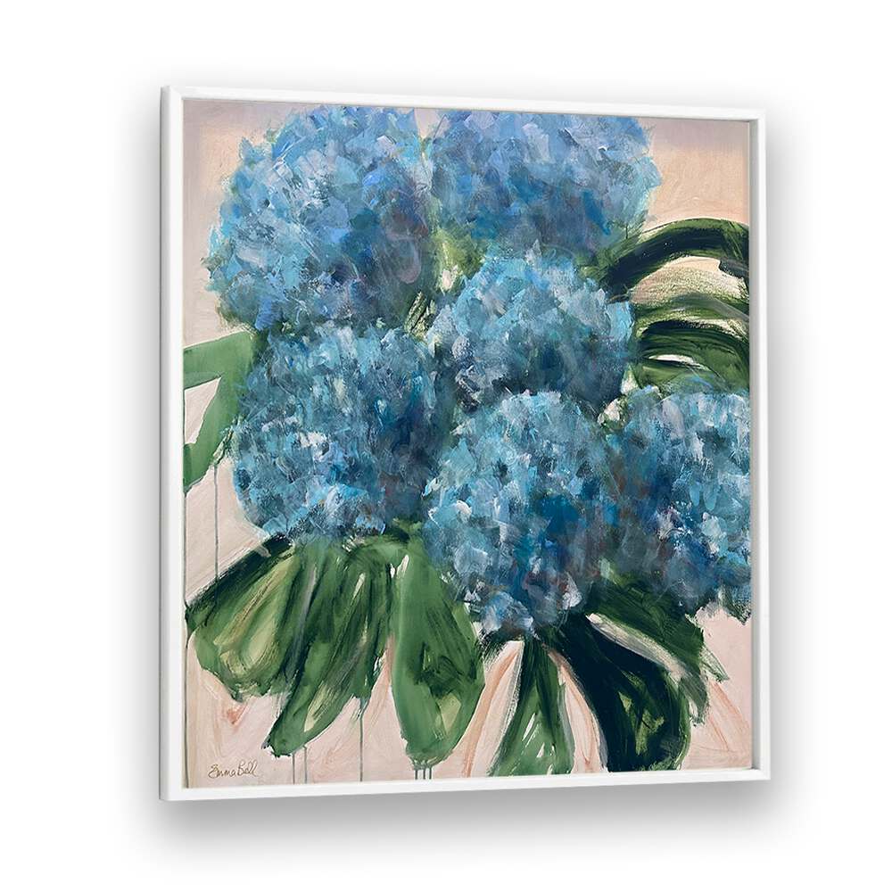 Vibrant blue hydrangeas with leaves in a floral painting, perfect for home decor. Ideal for flower lovers.