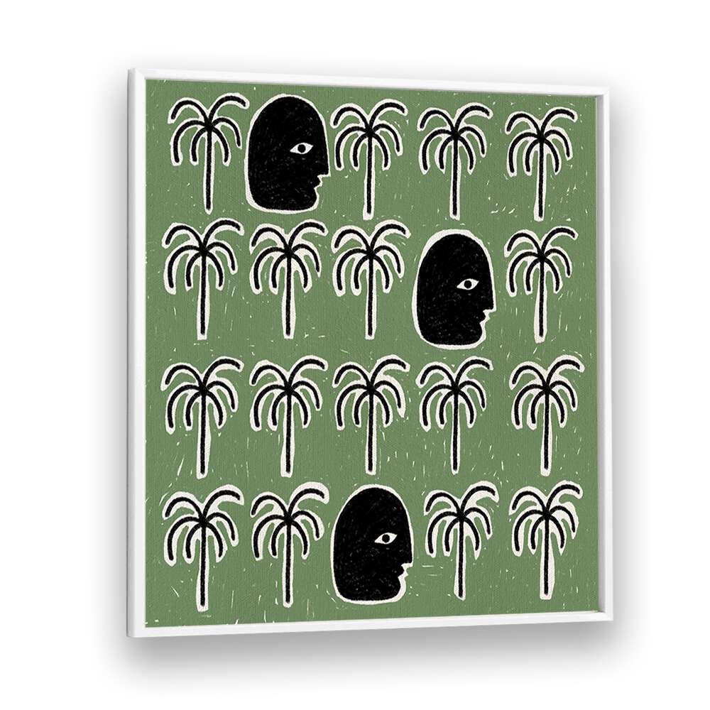 Enchanting **THE SONG OF SPIRITS, BOHO ART PAINTINGS** featuring serene faces and palm trees, perfect for tranquil decor.