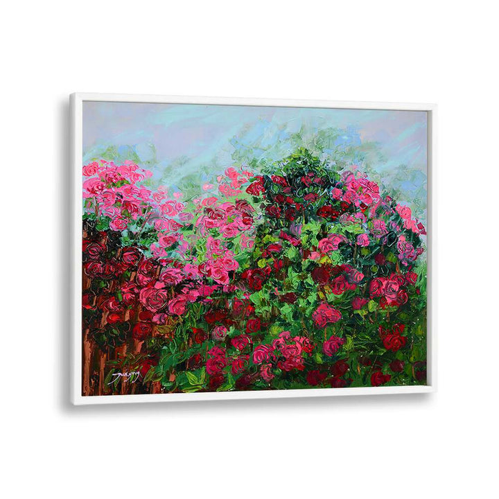 Vibrant GARDEN OF PINK, FLORAL FLOWER PAINTINGS showcasing lush pink roses in a beautiful setting. Ideal for decor.