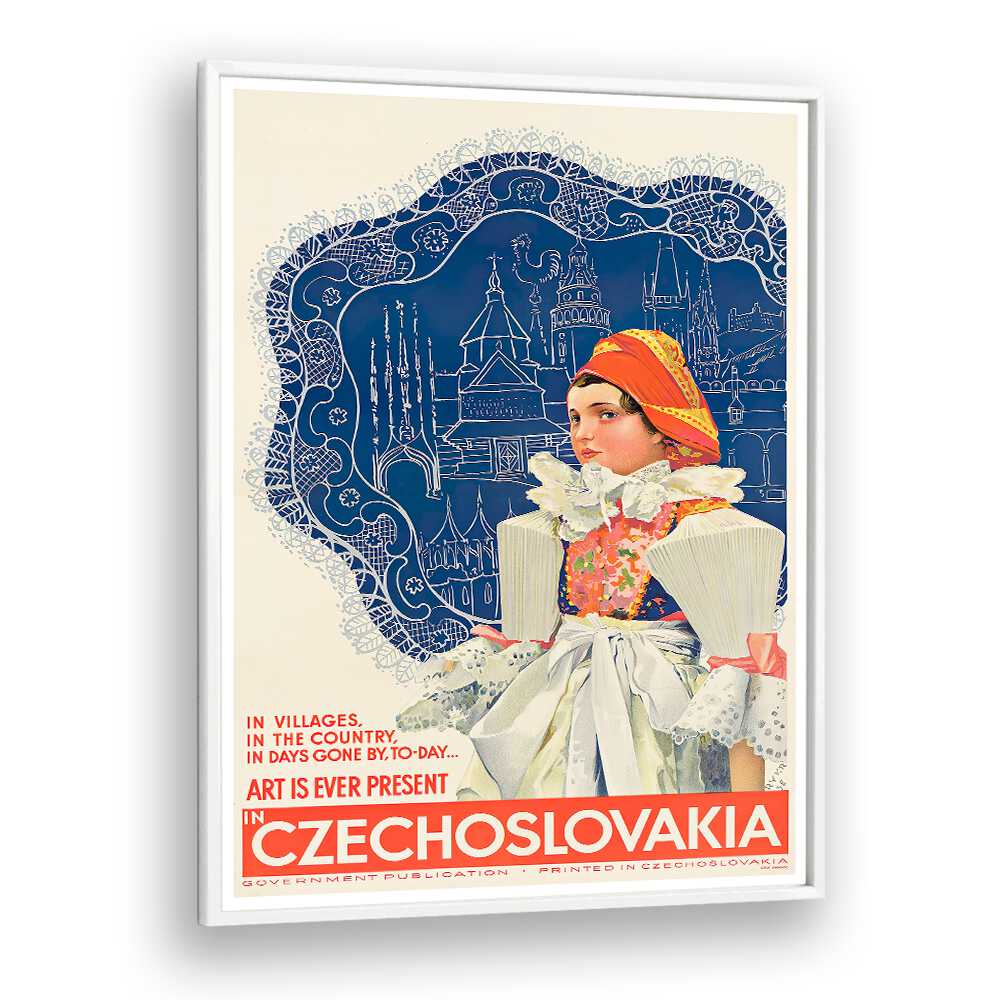 Explore CZECHOSLOVAKIA, VINTAGE TRAVEL POSTERS featuring traditional attire and iconic landmarks for art lovers.