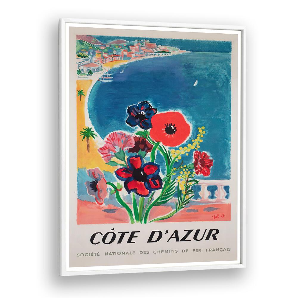COTE D'AZUR, VINTAGE TRAVEL POSTERS featuring vibrant flowers and a stunning coastal view of the French Riviera.