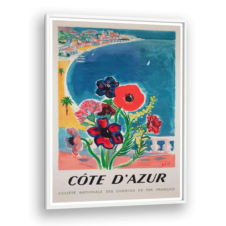 COTE D'AZUR, VINTAGE TRAVEL POSTERS featuring vibrant flowers and a stunning coastal view of the French Riviera.