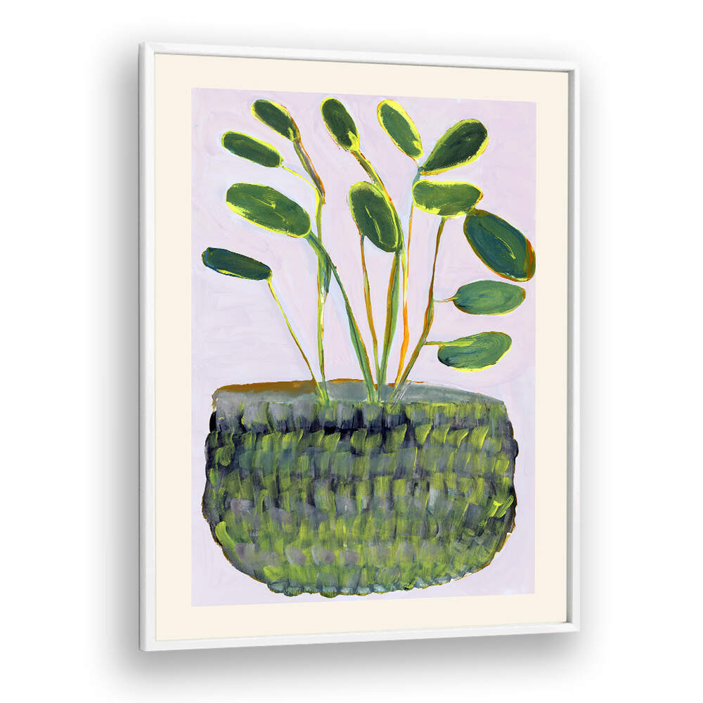 Vibrant green plant in a woven pot, showcasing the essence of nature in PLANT I, FLORAL FLOWER PAINTINGS.