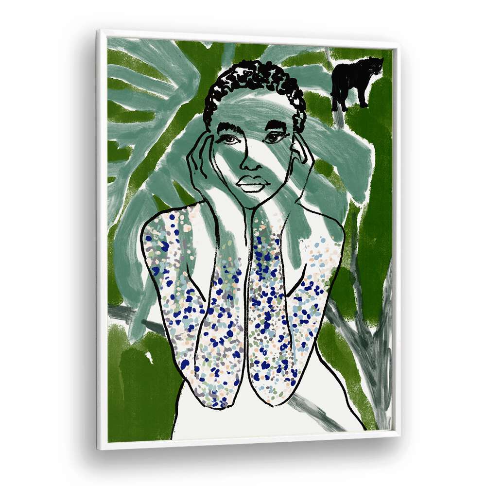 Vibrant JUNGLE ZONE, PORTRAITS artwork featuring a striking figure amidst lush jungle aesthetics and bold colors.