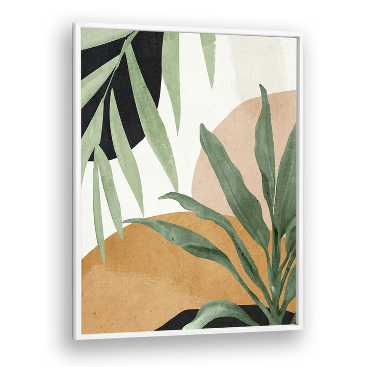 ABSTRACT TROPICAL LEAVES V, BOHO ART PAINTINGS, featuring vibrant leaves and earthy tones, perfect for bohemian decor.