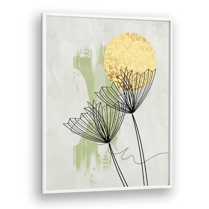 Elegant ABSTRACT BOTANICAL, FLORAL FLOWER PAINTINGS featuring delicate flowers and a golden sun, perfect for modern decor.