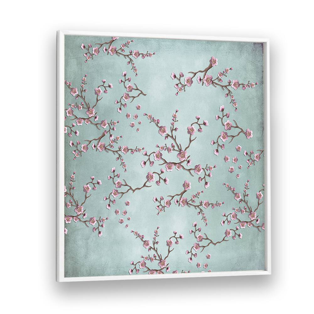 Delicate pink blossoms on branches create a serene backdrop in CHERRY BLOSSOMS II, FLORAL FLOWER PAINTINGS.