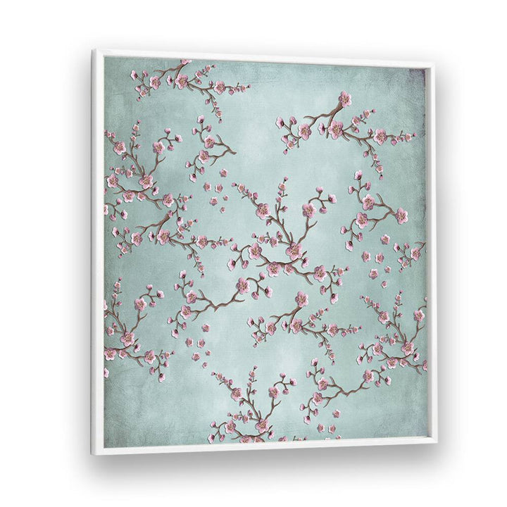 Delicate pink blossoms on branches create a serene backdrop in CHERRY BLOSSOMS II, FLORAL FLOWER PAINTINGS.