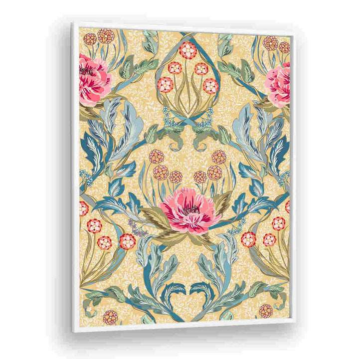 MORRIS OPULENT I, PATTERN ART PRINTS showcase vibrant floral motifs on a soft yellow background, perfect for any decor.
