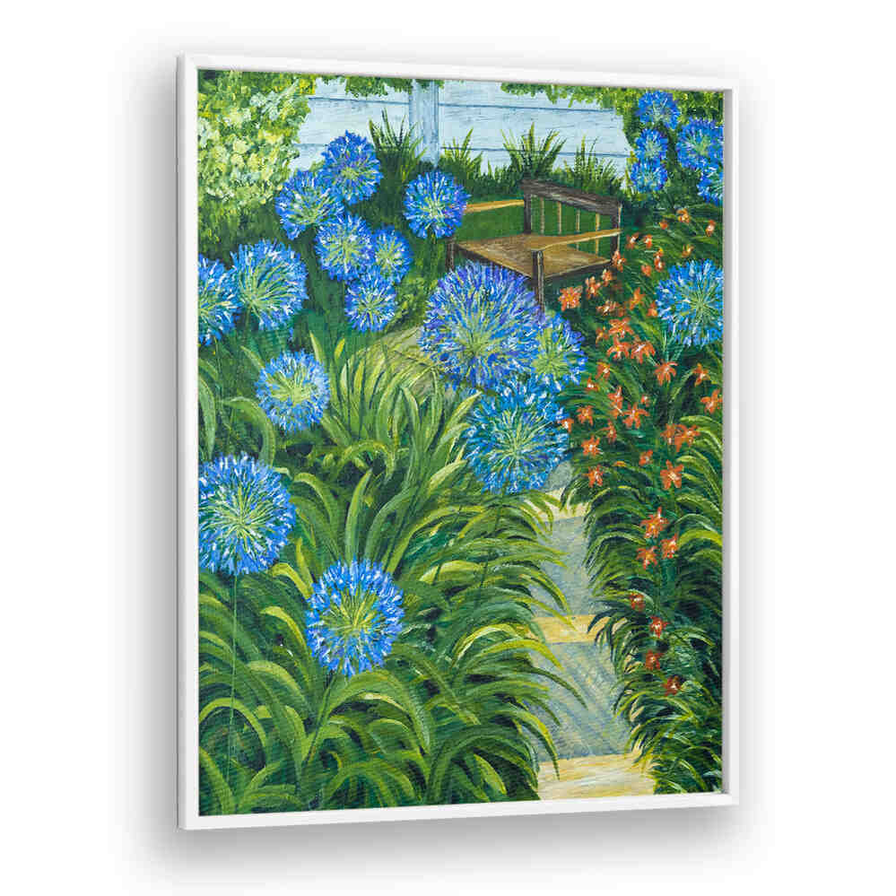 Vibrant PATHWAY, FLORAL FLOWER PAINTINGS showcasing blooming flowers and lush greenery, perfect for home decor.