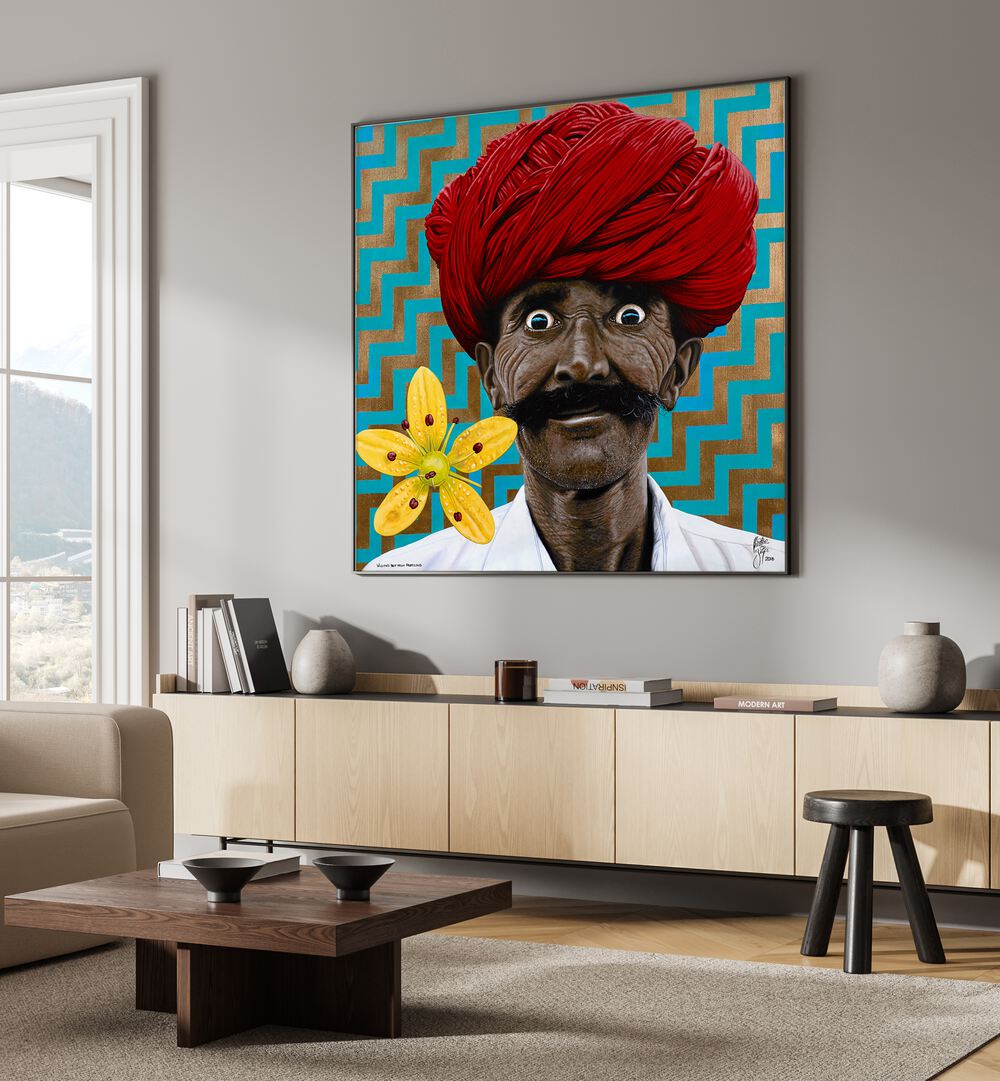 Vibrant artwork "WILD EYED BOY FROM FREECLOUD, INDIAN ART PAINTINGS" by Christian Beijer enhances your space beautifully.