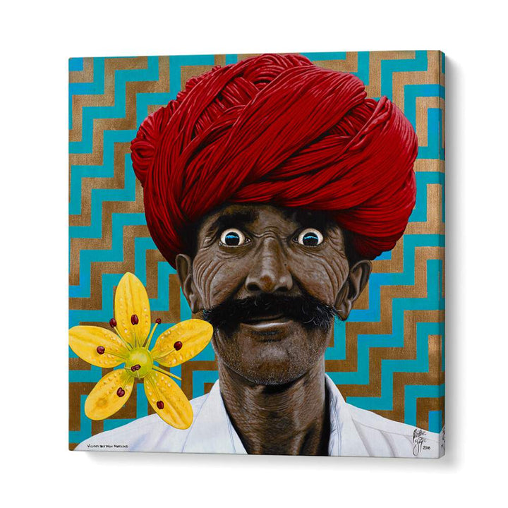 Vibrant "WILD EYED BOY FROM FREECLOUD, INDIAN ART PAINTINGS" by Christian Beijer, showcasing captivating colors and details.