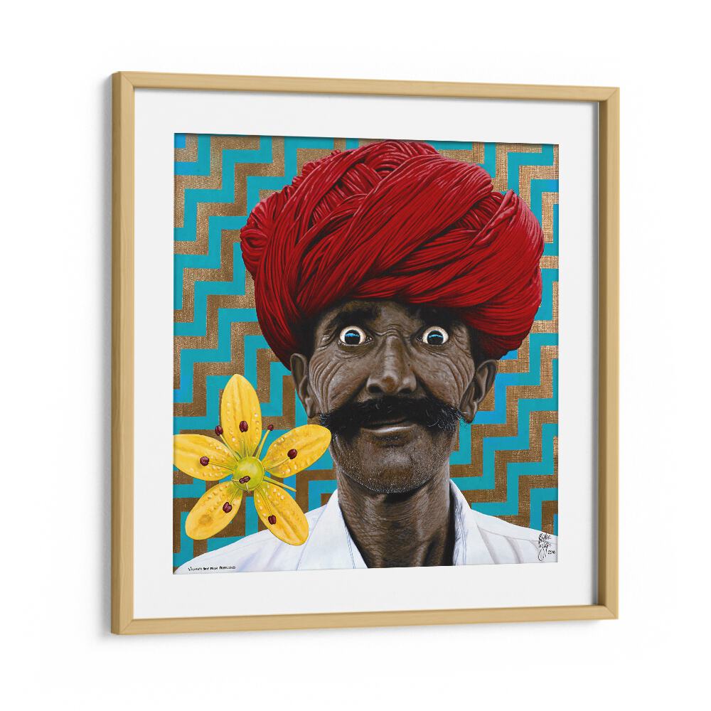 Vibrant artwork "WILD EYED BOY FROM FREECLOUD, INDIAN ART PAINTINGS" by Christian Beijer in striking frame.