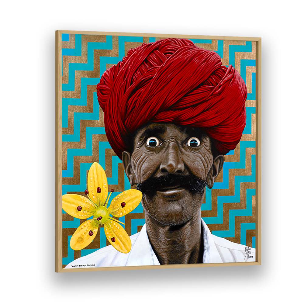 Vibrant "WILD EYED BOY FROM FREECLOUD," an Indian art painting by Christian Beijer, perfect for any decor.
