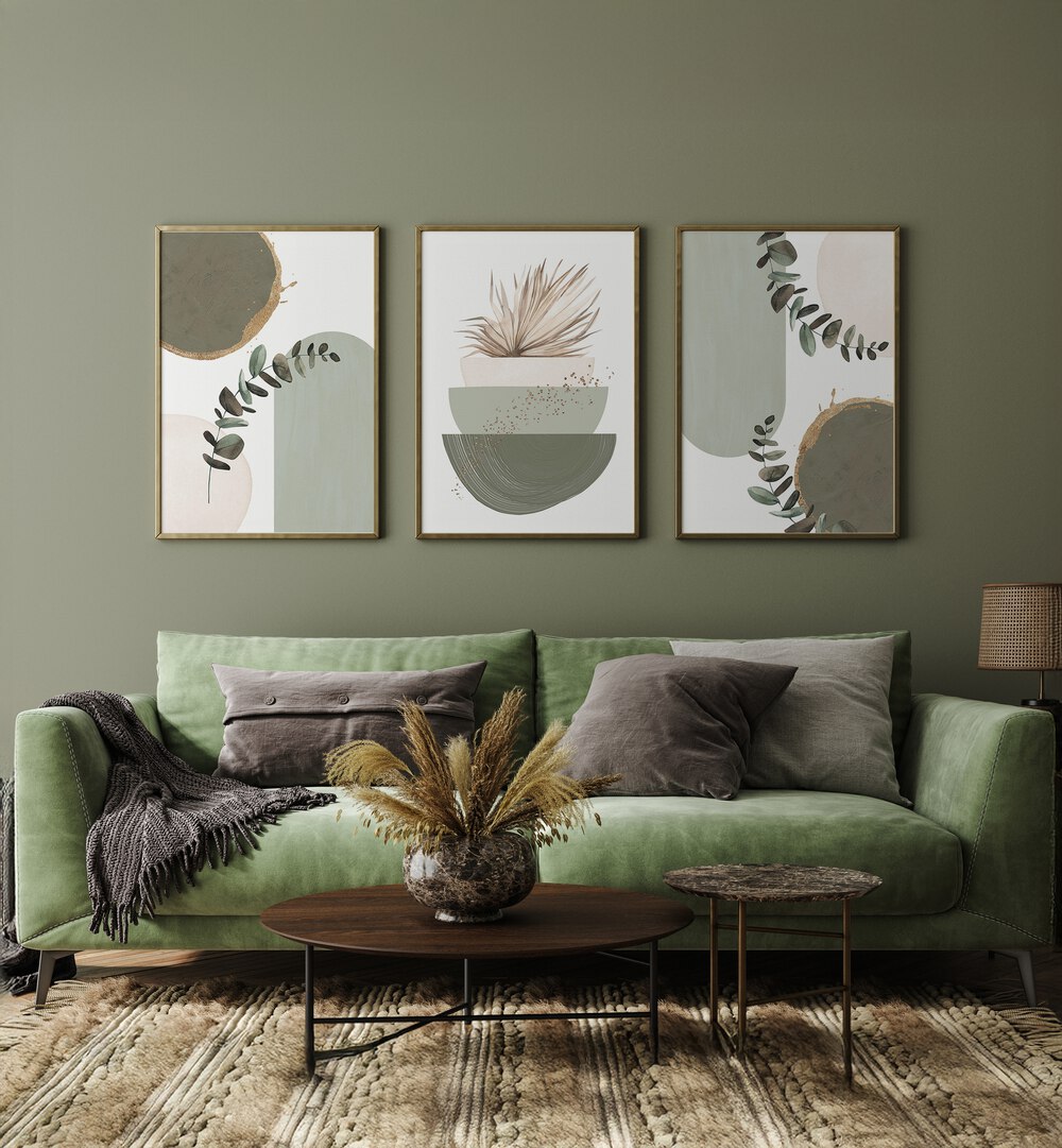 Transform your space with the WILD AND GREEN BOHO SET, SET OF 3 PAINTINGS, showcasing vibrant bohemian art.