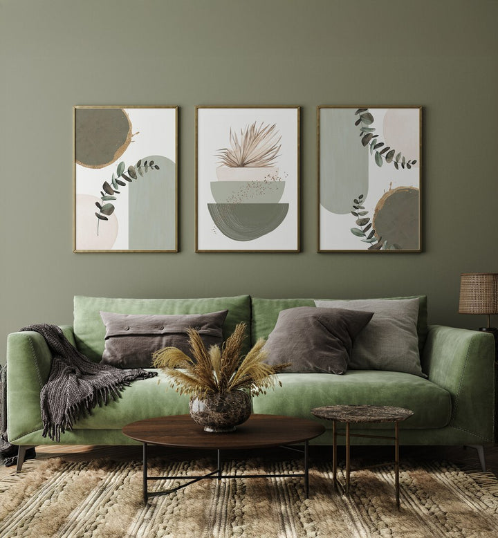 Transform your space with the WILD AND GREEN BOHO SET, SET OF 3 PAINTINGS, showcasing vibrant bohemian art.