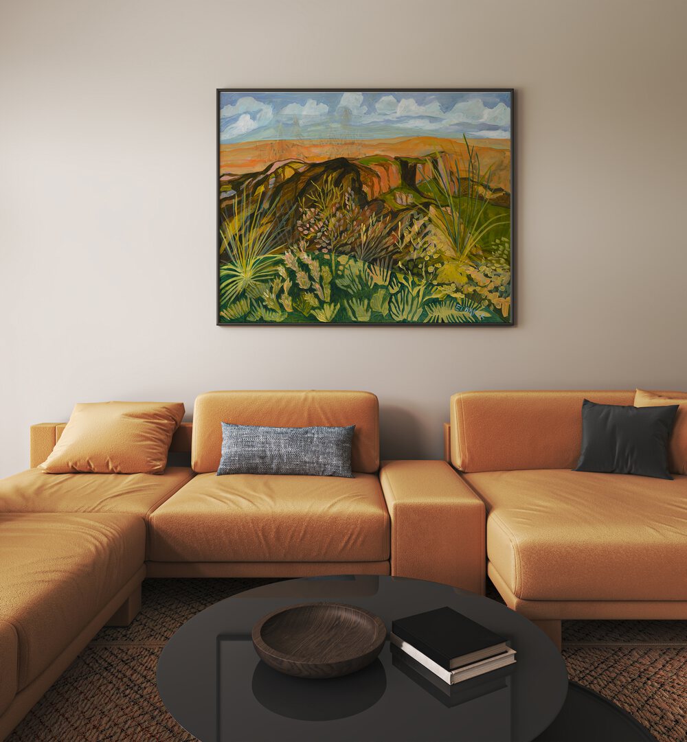 Stunning WILD WEST BOTANICAL, LANDSCAPE PAINTINGS showcasing vibrant flora and breathtaking landscapes in a cozy setting.