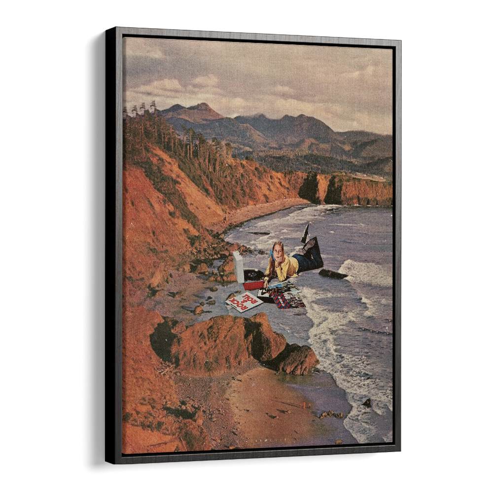 Surreal art prints featuring a woman on the beach, beautifully framed by Space Rocket Art for a striking decor statement.