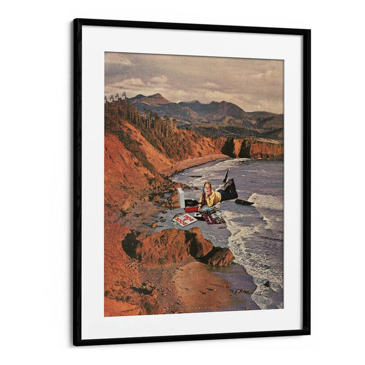 Surreal art print "Woman on Beach" by Space Rocket Art, showcasing imaginative coastal scenery and vibrant colors.
