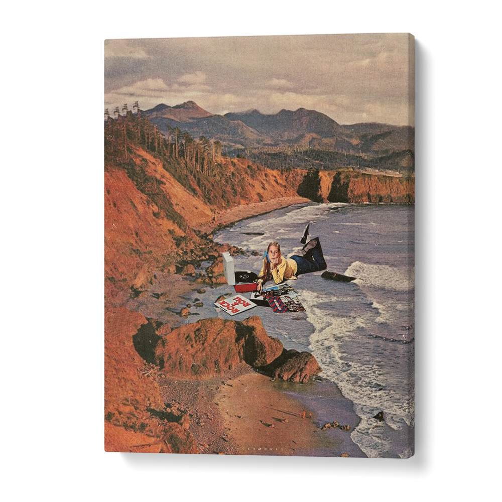 Surreal art print "Woman on Beach" by Space Rocket Art captures imagination and beauty in a unique coastal scene.