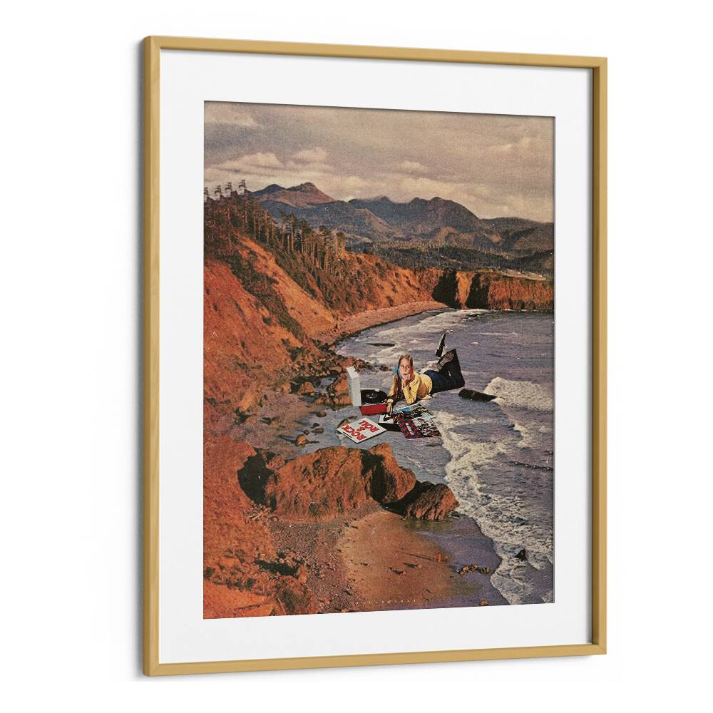 Surreal art prints featuring a woman on the beach, beautifully framed by Space Rocket Art.