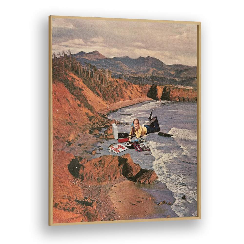 Surreal art print "Woman on Beach" by Space Rocket Art captures imagination with a unique coastal scene.