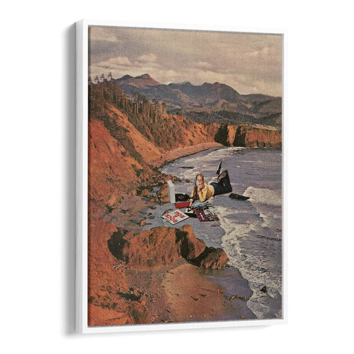 Surreal art print "Woman on Beach" by Space Rocket Art, showcasing imaginative coastal beauty. Perfect for any space.