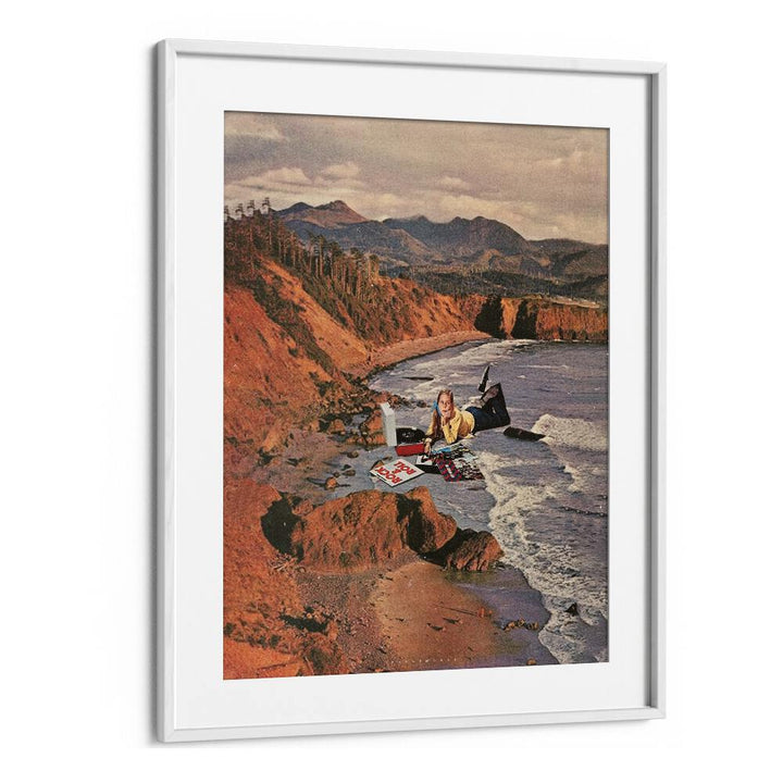 Surreal art print "Woman on Beach" by Space Rocket Art, blending imagination and coastal beauty in a framed piece.