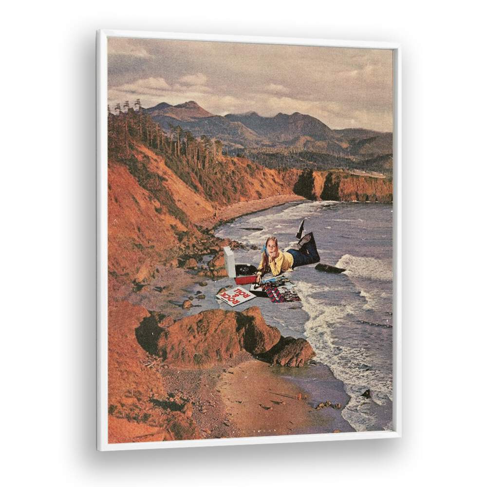 Surreal art print "Woman on Beach" by Space Rocket Art captures imagination with vibrant colors and striking visuals.